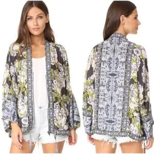Free People Blue Floral Wildflower Kimono Oversized Bohemian Zip Up Top Size S